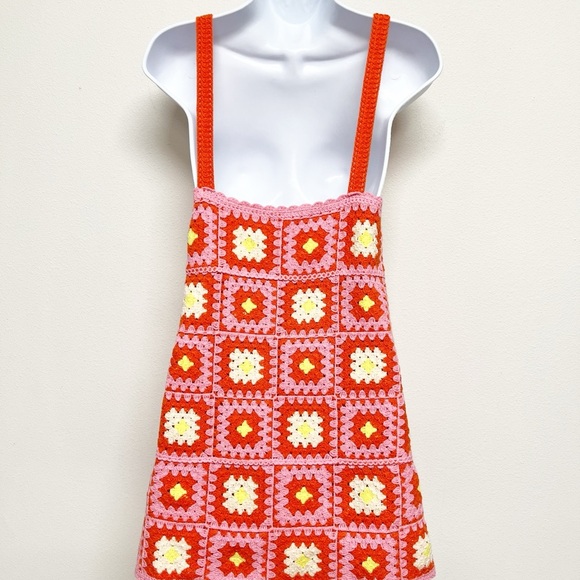 Zara Womens Bloggers Fave Orange Pink Crochet Knit Mini Dress Size Small - Picture 5 of 11